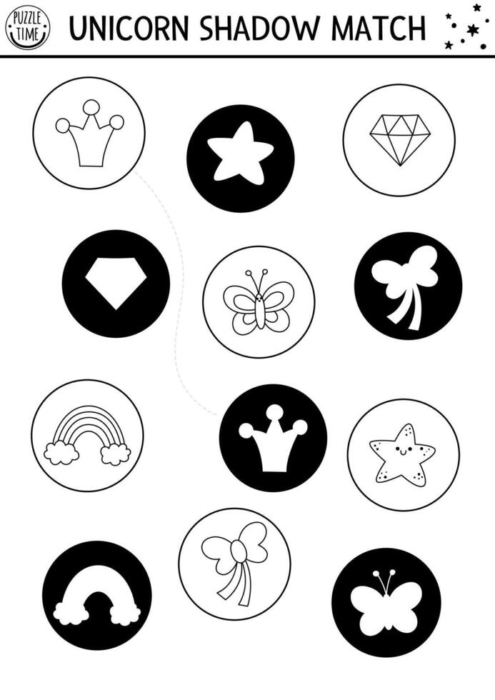 Black and white unicorn shadow matching activity with rainbow, star, butterfly, crystal. Magic line puzzle. Find correct silhouette printable worksheet, game. Fairytale coloring page for kids vector