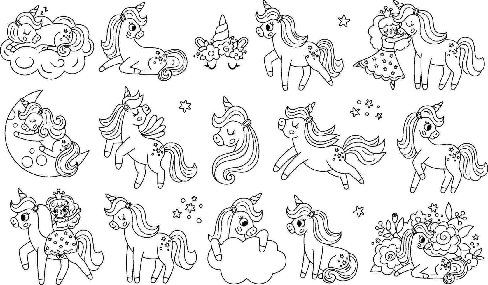 black and white unicorn set. Fantasy animal line collection with horn, mane. Fairytale horse character sitting, running, hugging with fairy. Cartoon magic creature icon, coloring page vector