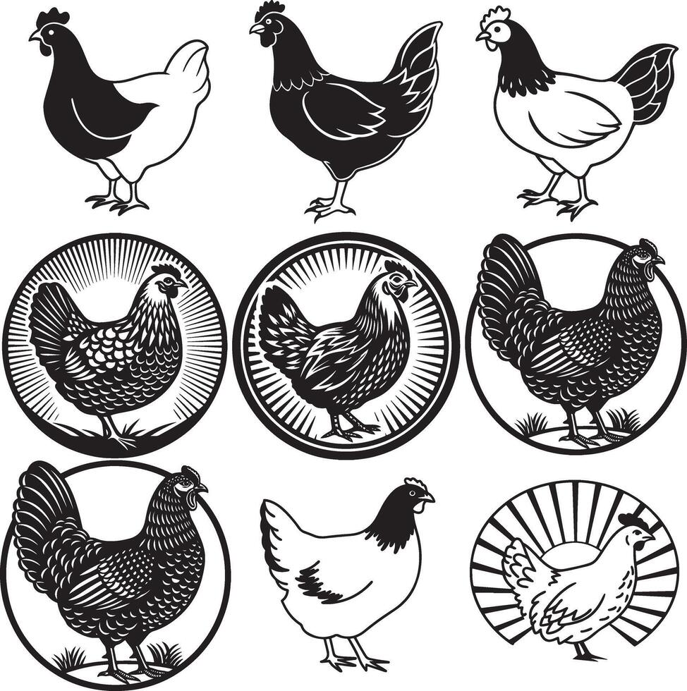Hen line art icon set image vector