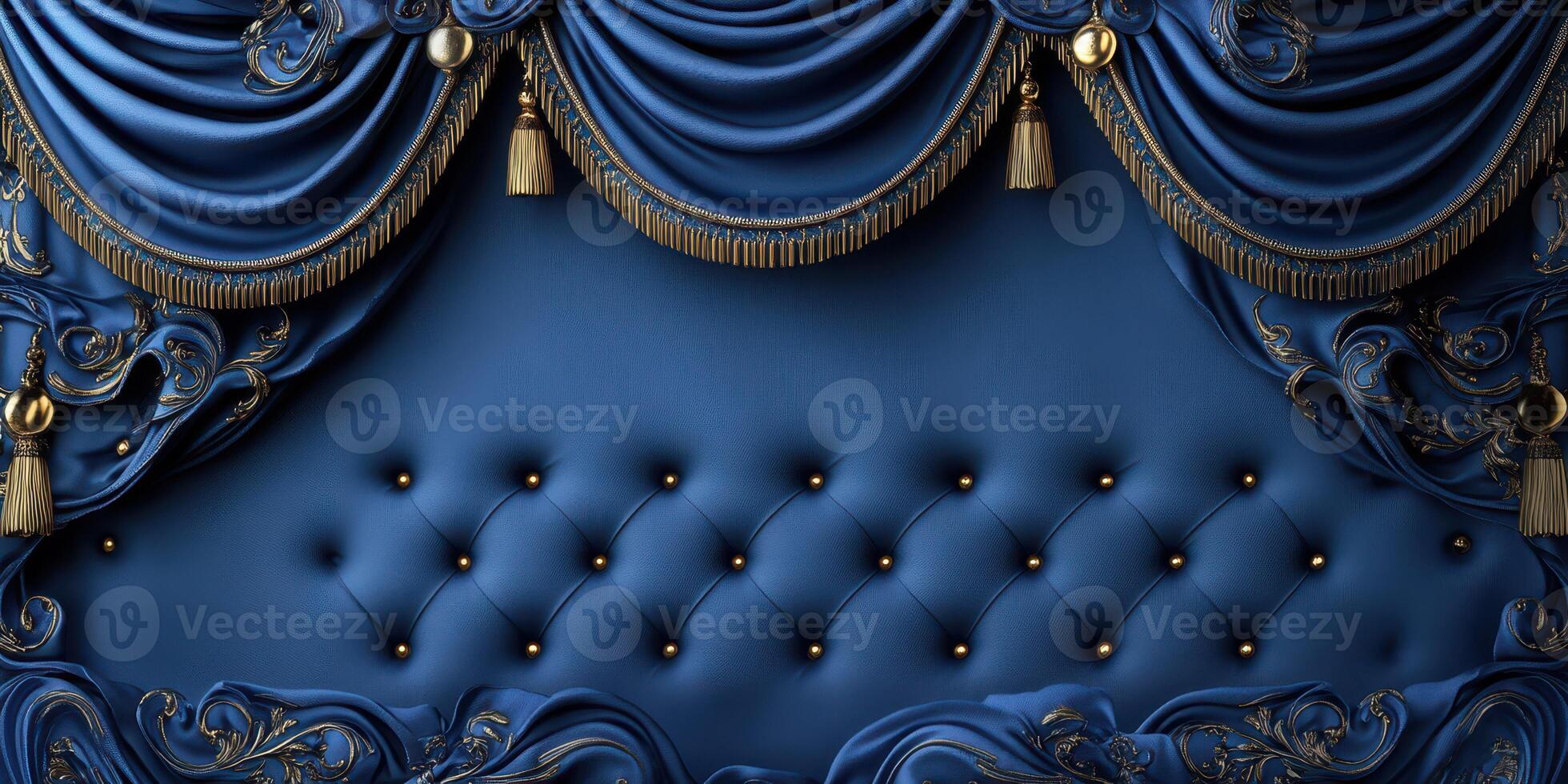 Elegant blue curtains and tufted fabric create a luxurious backdrop for a formal setting photo