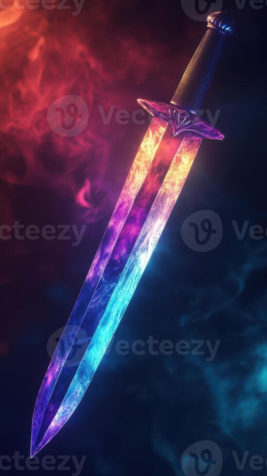 A stunning fantasy sword illuminated with vibrant colors in a smoky background at night photo