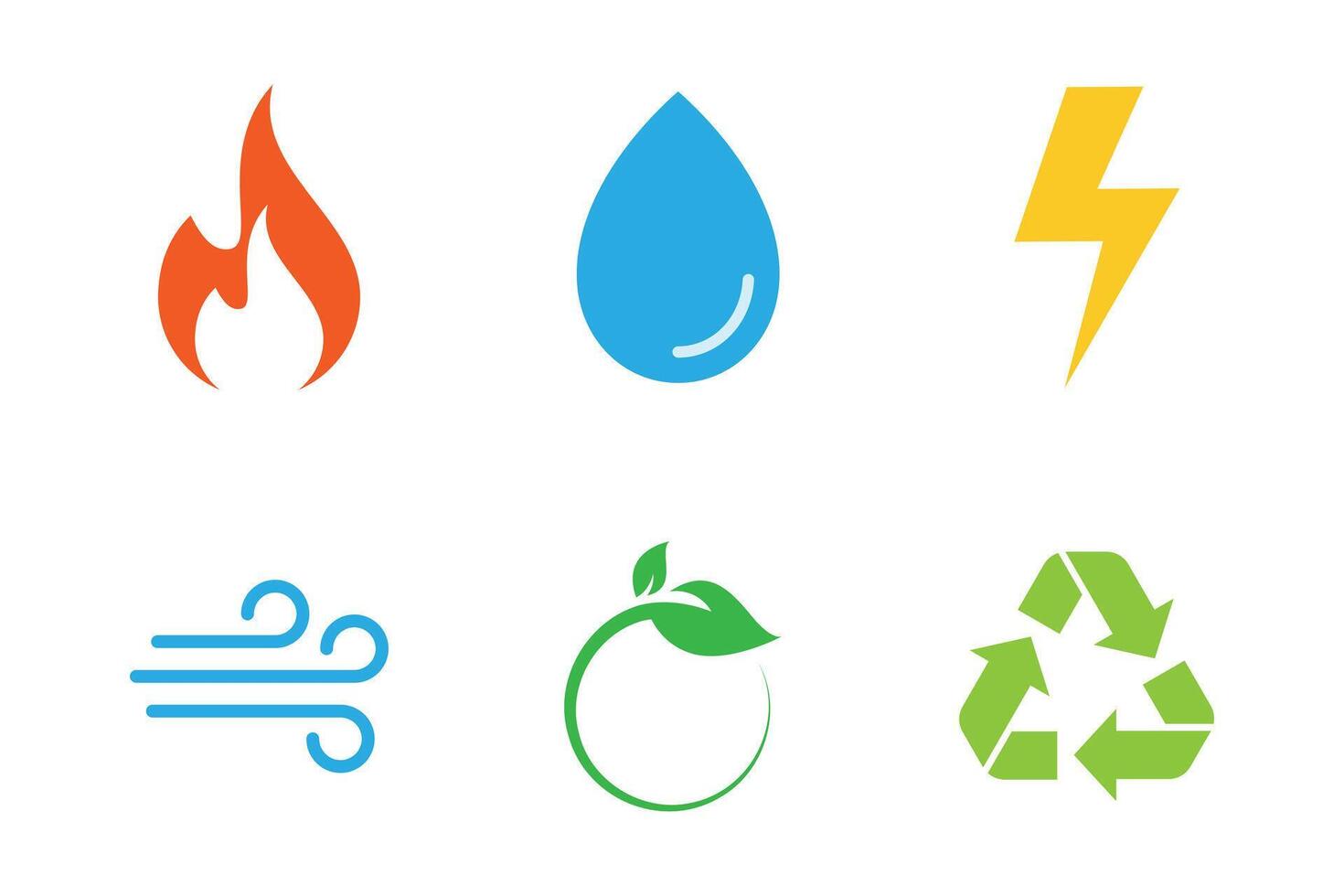 Fire water lightning wind leaf recycle icon symbol elements of natural energy vector