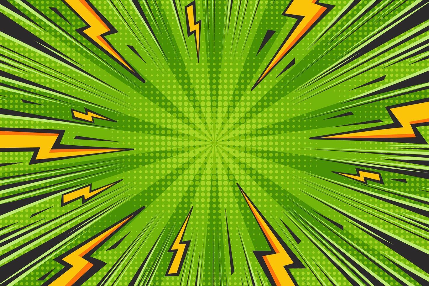 Cartoon comic green background with lightnings. Pop art graphic with halftone effect and radial thunders. Abstract illustration with flash light and speed lines frame. vector