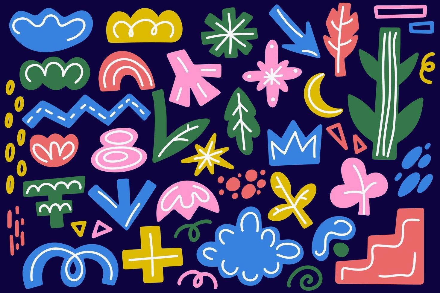Abstract organic shapes on dark background. Retro set with clouds flowers and funky stars. Doodle stickers with cute hand drawn scribbles and blobs. 90s aesthetic collage. vector