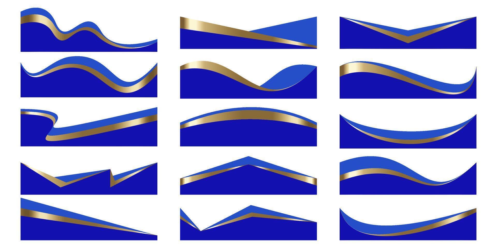 Header shapes design. Website border sections. Abstract curved bottom with golden elements. Separator blue wavy frames for webpage. Simple headlines for site and app interface. vector