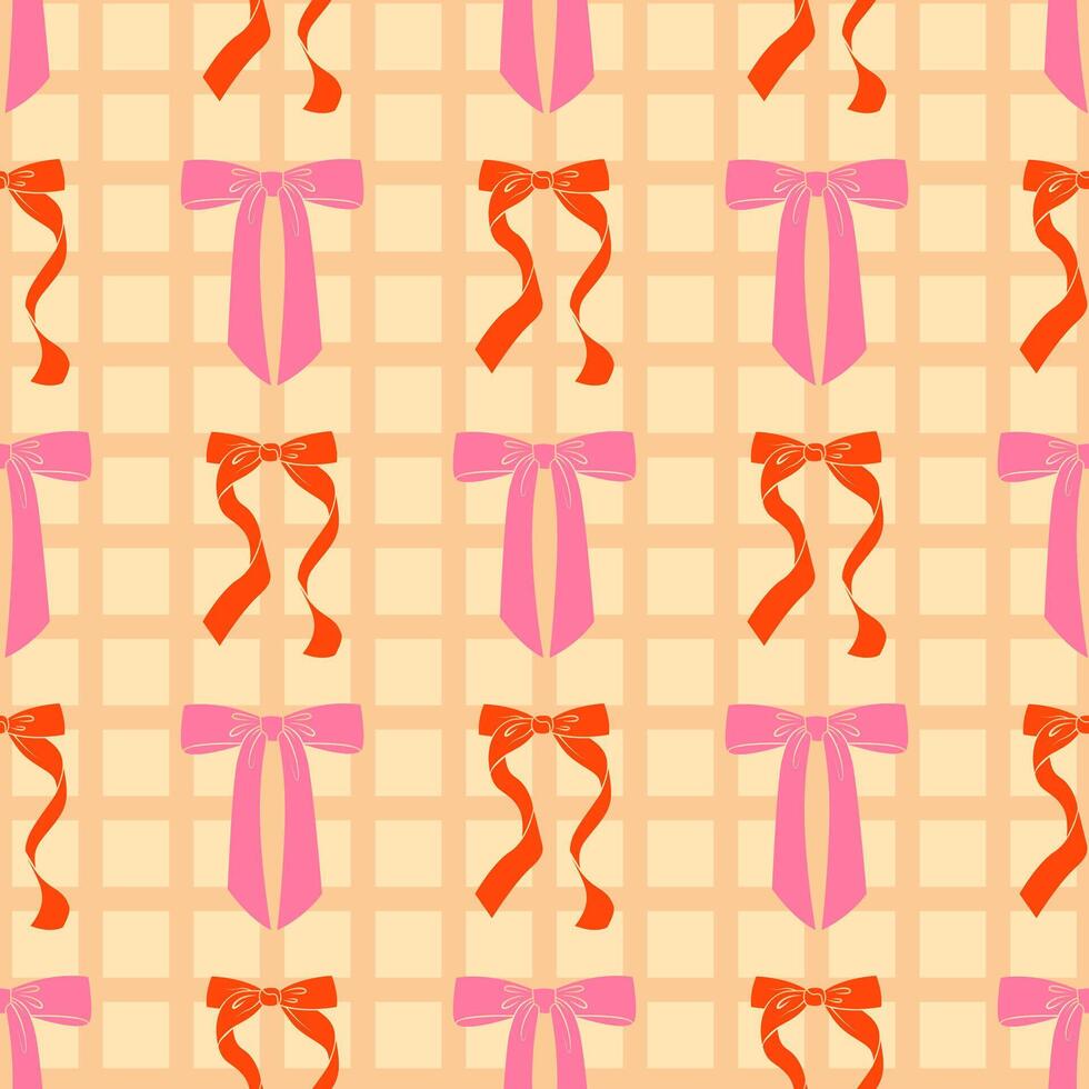 Bow seamless pattern with cute pink vintage bowknots. Illustration with trendy decorative girly elements. Flirtatious checkerboard background for holidays and party. vector