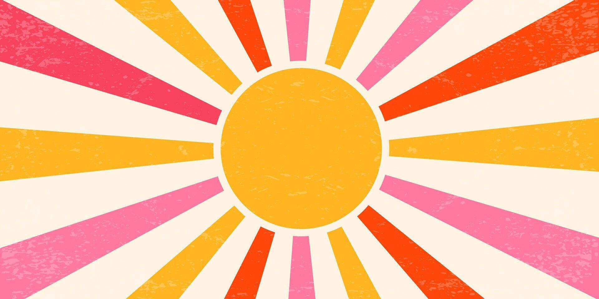 Retro sun background. Pattern with radial rays and grunge texture. 70s abstract vintage summer poster. Orange and pink beams on old paper backdrop vector