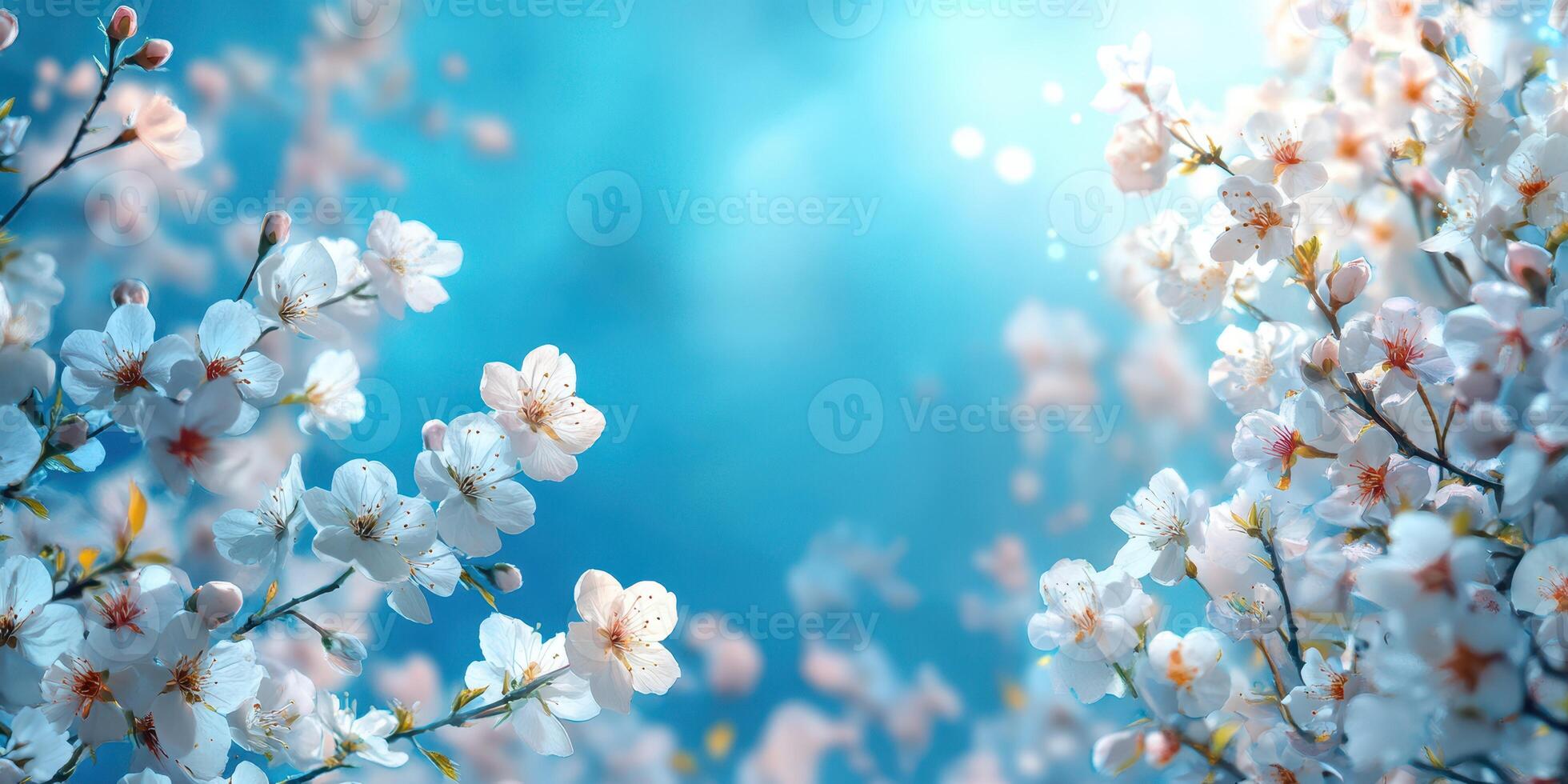 Blossoming white flowers against a serene blue background create a tranquil springtime atmosphere in nature photo