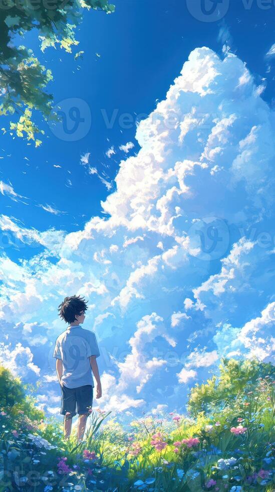 Young boy gazes at fluffy clouds under a bright blue sky in a lush green field during a sunny day photo