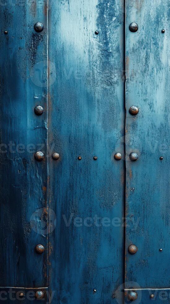 Textured blue metal panels with rivets in an industrial setting, showcasing weathered elegance and rustic charm photo