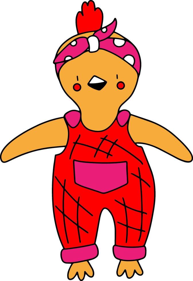 Chicken in overalls, children print in doodle style vector