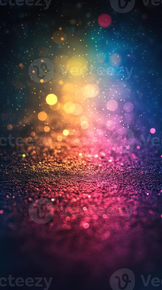 Colorful bokeh lights create a dazzling visual effect on a dark surface during a nighttime setting photo