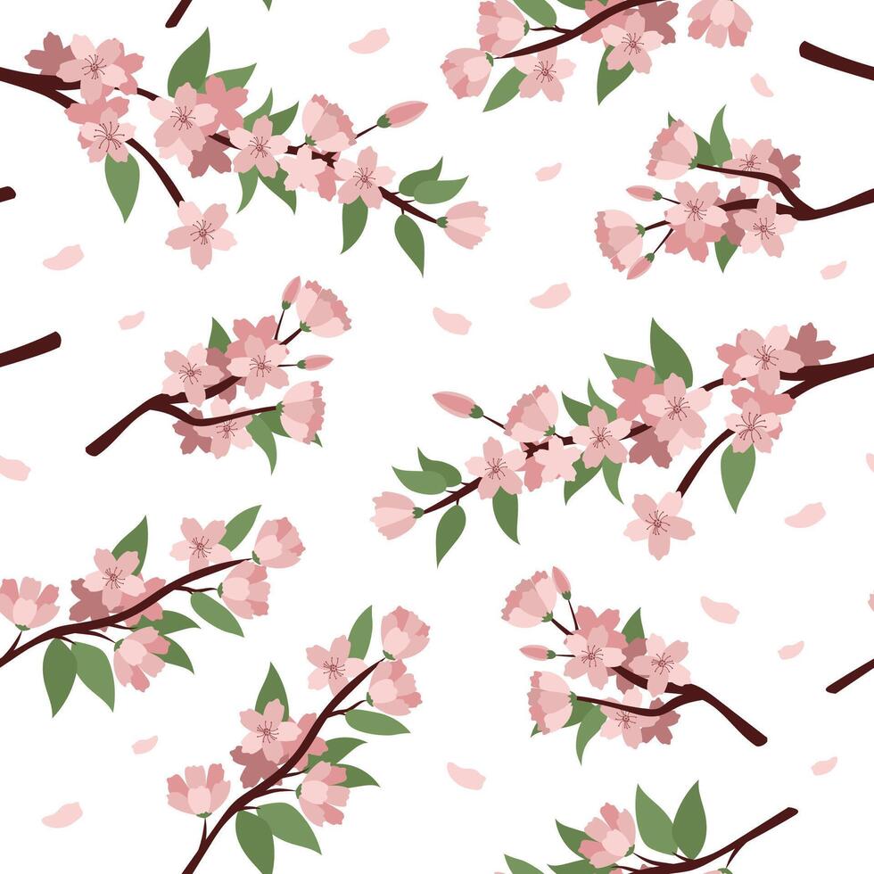 Pink flowers on white background. Spring branch seamless pattern on white background. Design for fabric, wallpaper, wrapping paper. vector
