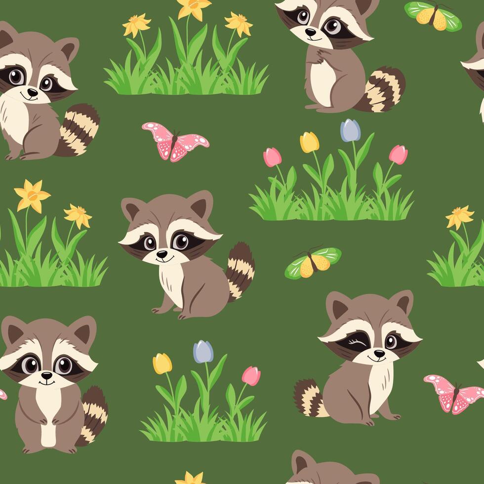 Cute raccoons, grass and flowers on green background. Spring or summer seamless pattern for printing on textile, wrapping paper, wallpaper. Cute forest animals illustration. vector