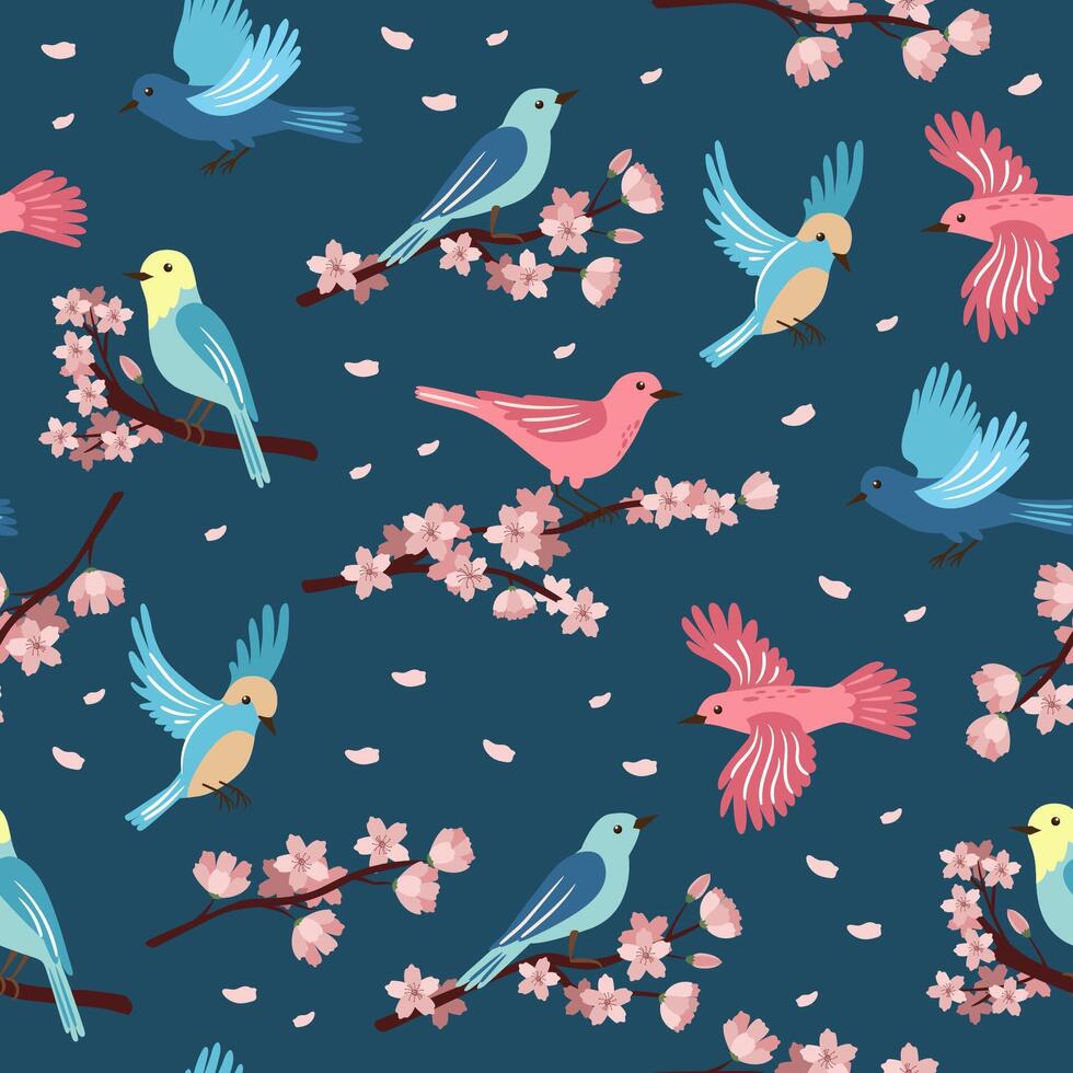 Spring birds and flowering branches on blue background. Colorful cute seamless pattern for printing on wallpaper, wrapping paper, textile on other surfaces. vector