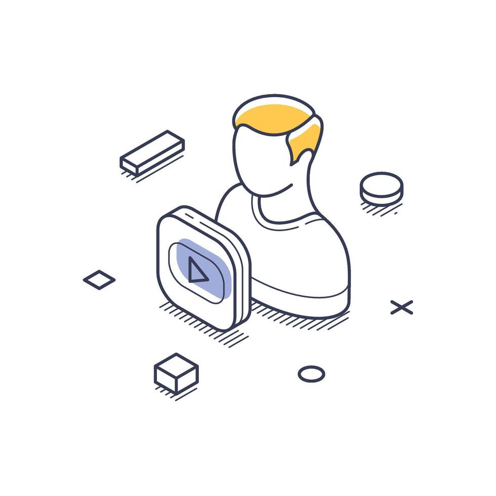 Creative content creation in an isometric line art style featuring a person with a element vector