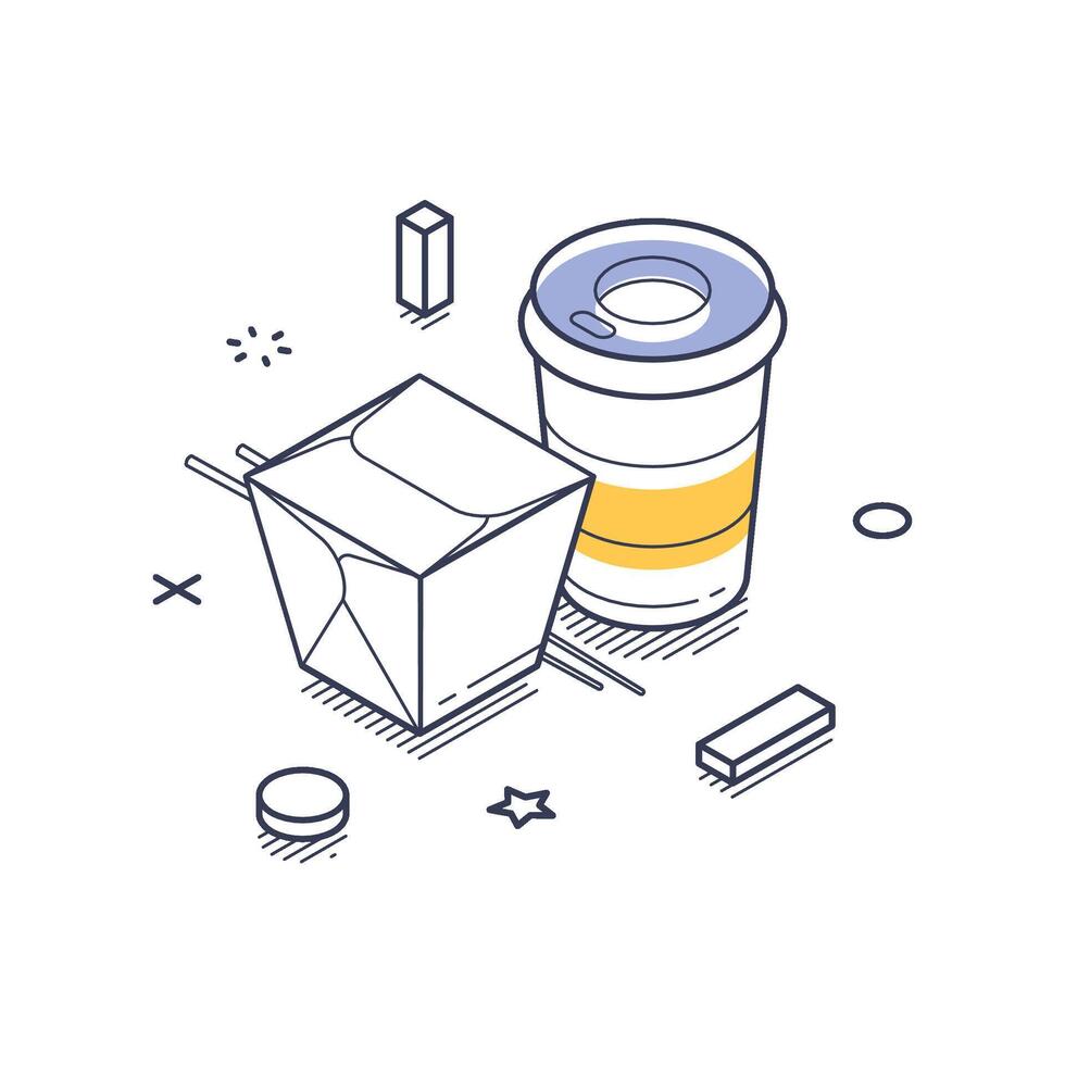 Icon representing food delivery in isometric line art style with beverage and takeout container vector
