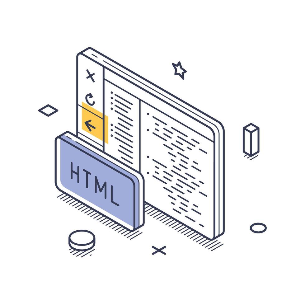 Isometric line art icon representing web development with HTML coding and interface elements vector