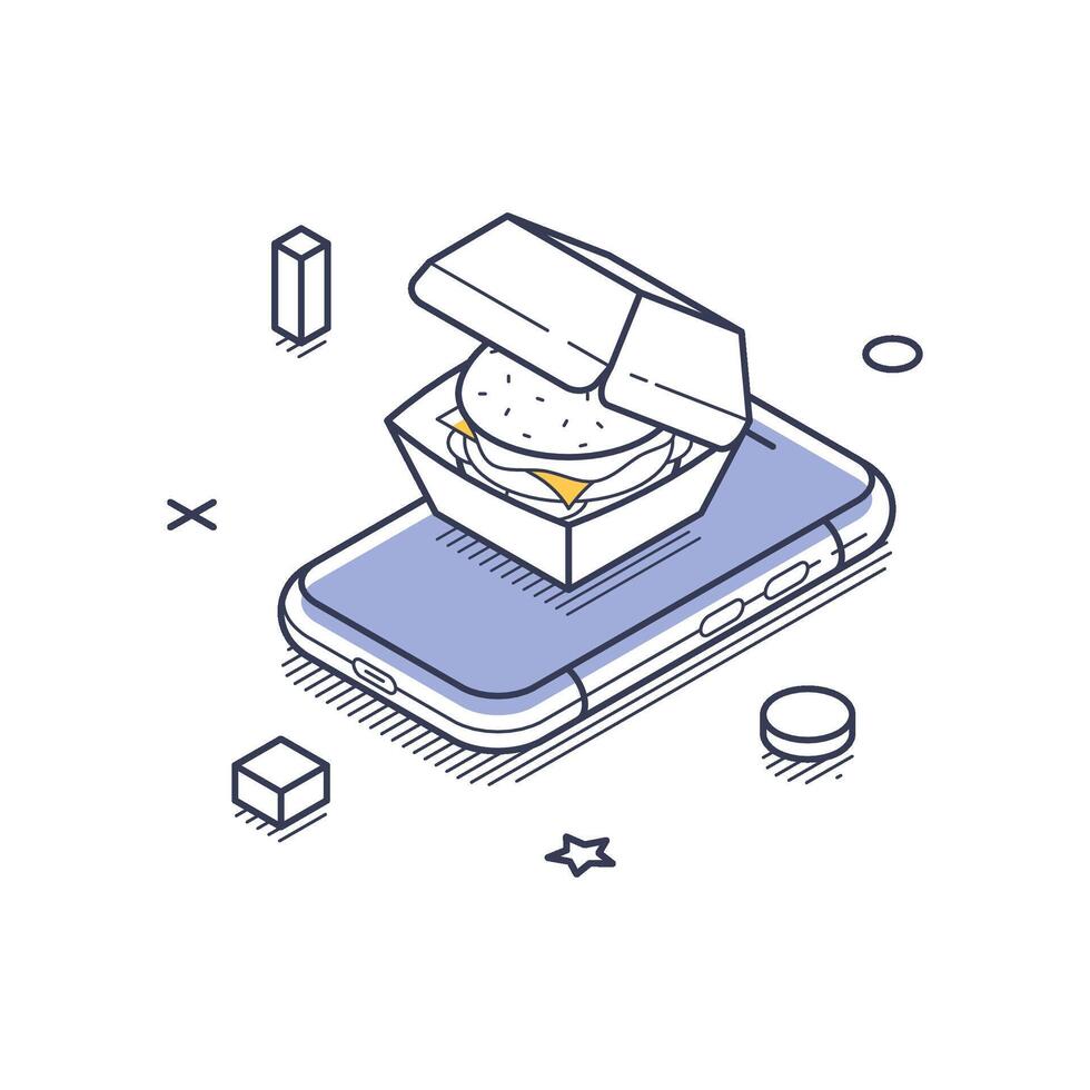 Food delivery service icon illustrating a burger in a takeout box on a smartphone screen vector