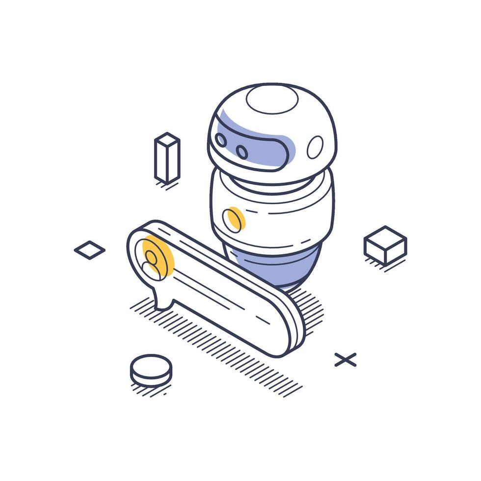 Technical support isometric line art illustration featuring a service robot and tools vector