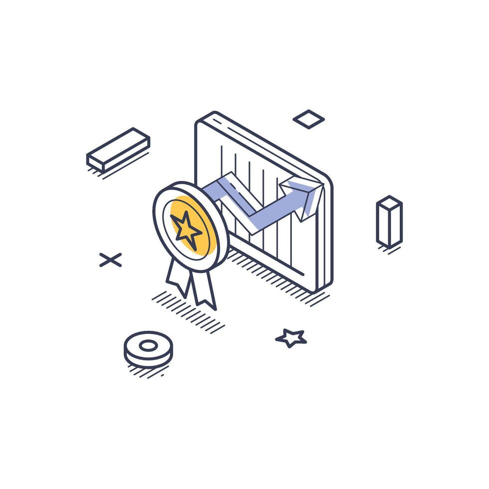 Isometric line art icon representing business startup success with growth metrics and achievement vector