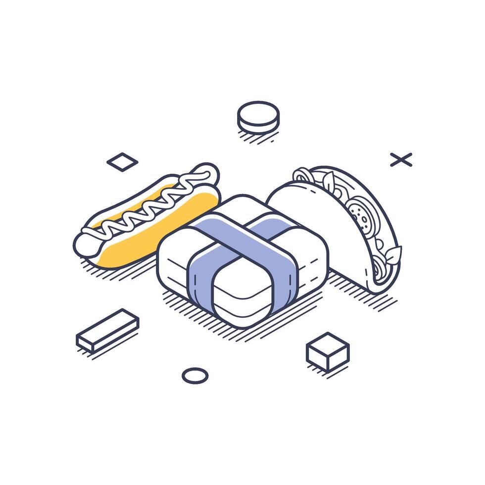 Food delivery icon in isometric line art illustrating various meal options available vector