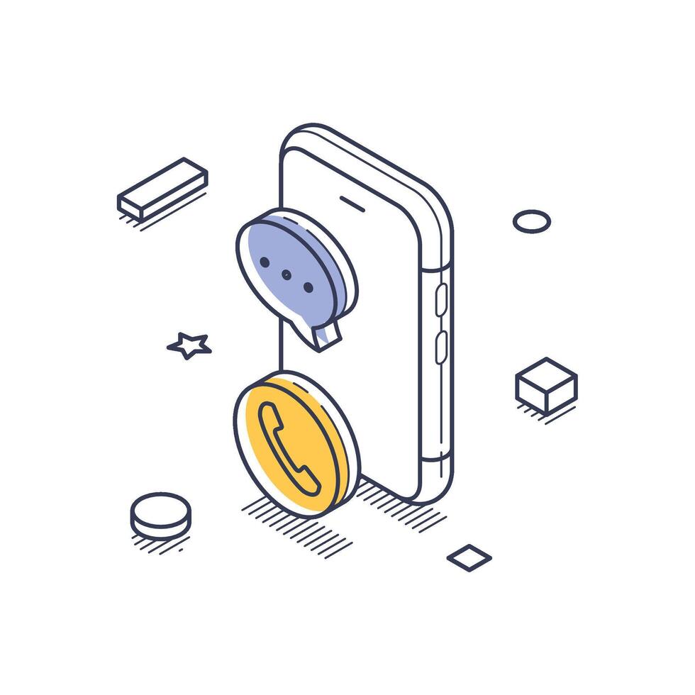 Technical support isometric line art icon with phone and chat symbols in a digital setting vector