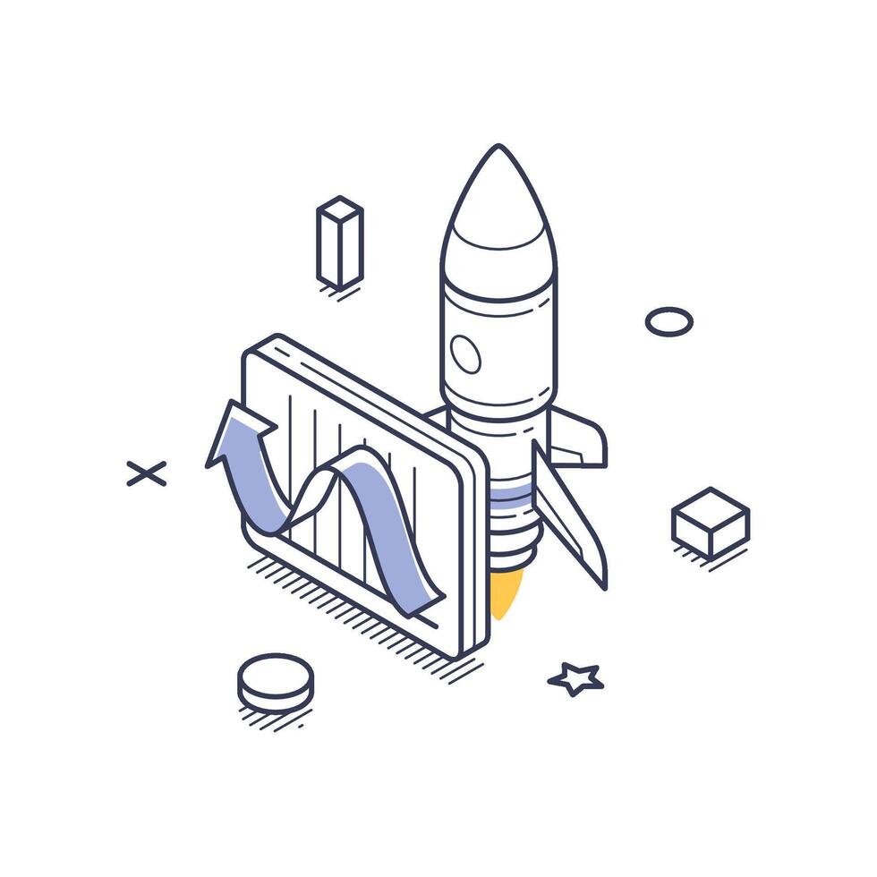 Business startup growth with isometric line art icon representing a rocket launching vector
