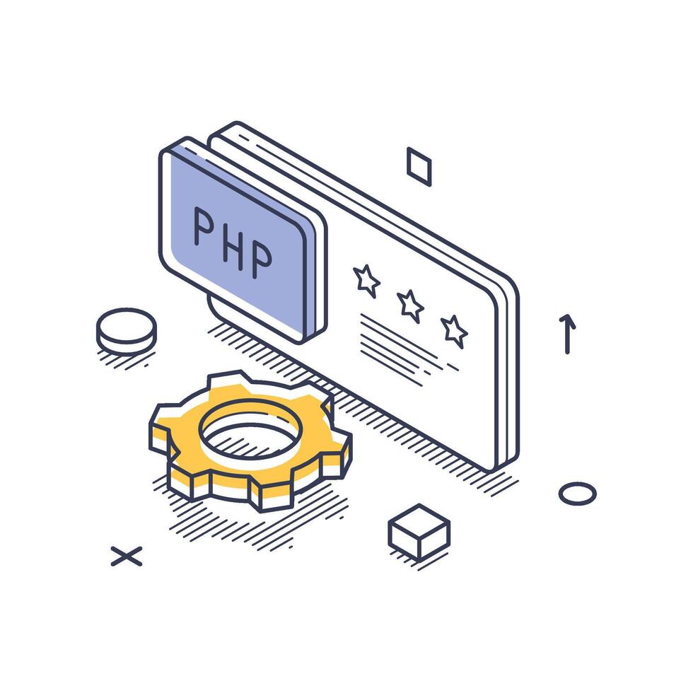 Icon design featuring isometric line art for web development elements with PHP and gear vector
