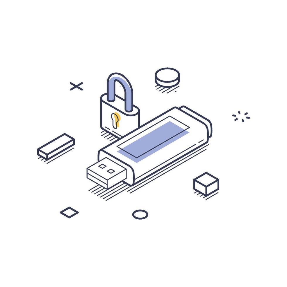 Data protection represented through isometric line art icon featuring a USB drive and padlock vector
