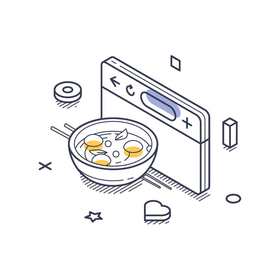 Food delivery icon showcasing a bowl of soup with an online ordering interface in isometric line art vector