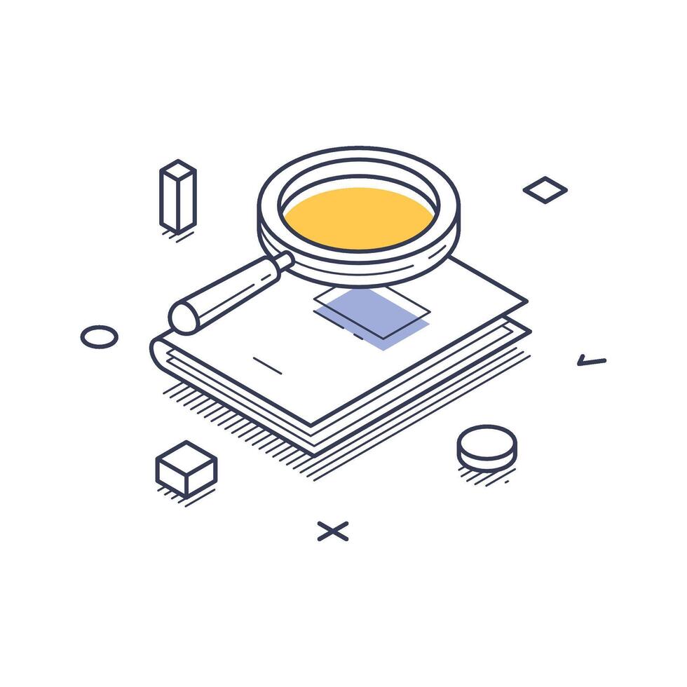 Online education icon featuring a magnifying glass and book in isometric line art style vector