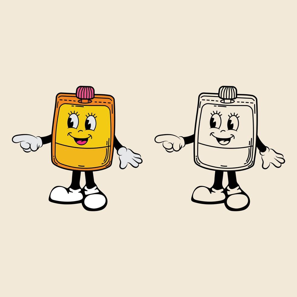 Illustration of a cartoon character with a yellow perfume bottle pointing vector