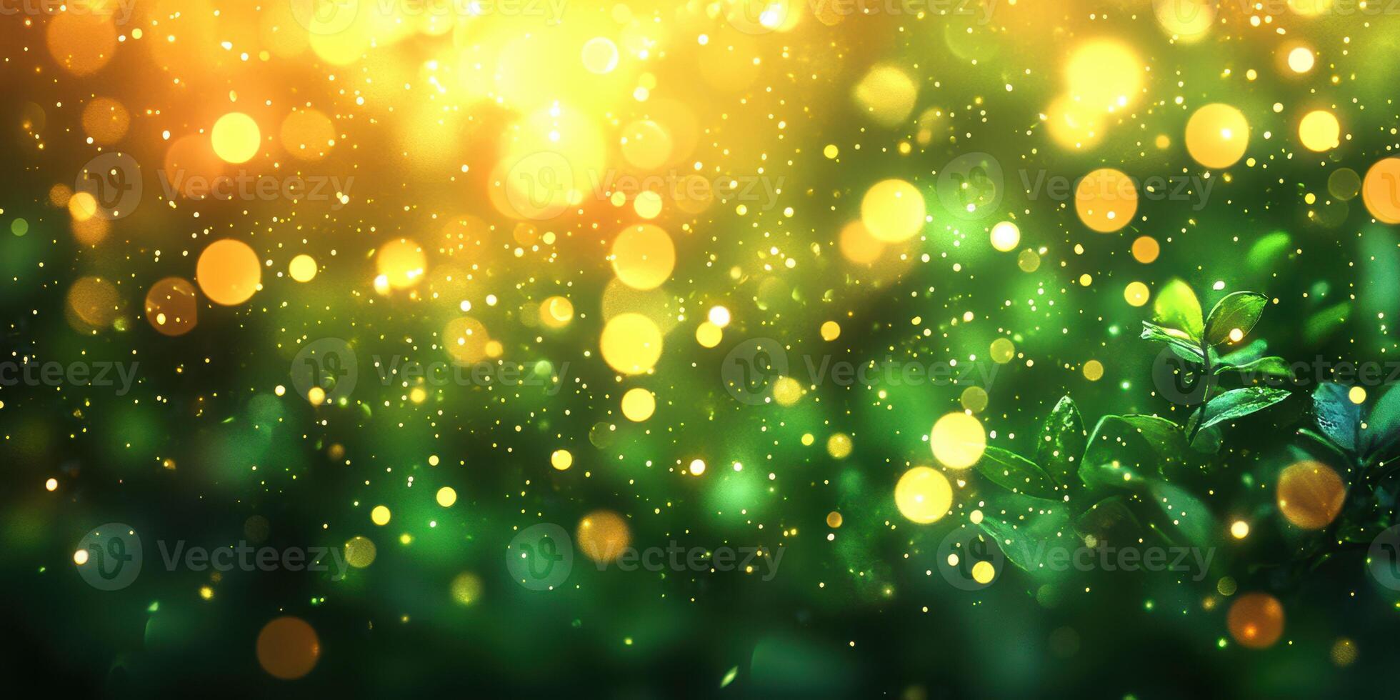 Bokeh lights create a magical atmosphere in a lush green environment during golden hour photo