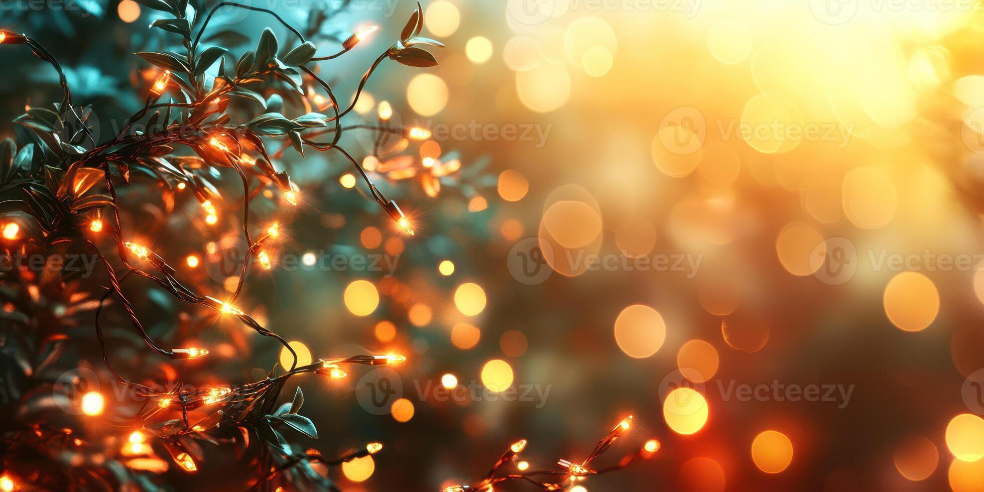 Glowing decorative lights create a magical ambiance in a serene garden during sunset hours photo