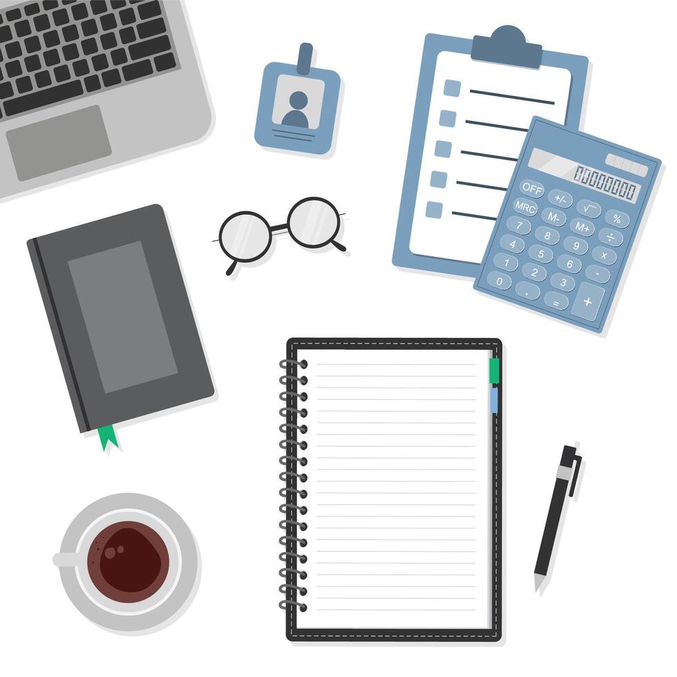 An organized workspace with a laptop, notepad, calculator, glasses, cup of coffee, badge. Flat Office Desk. vector