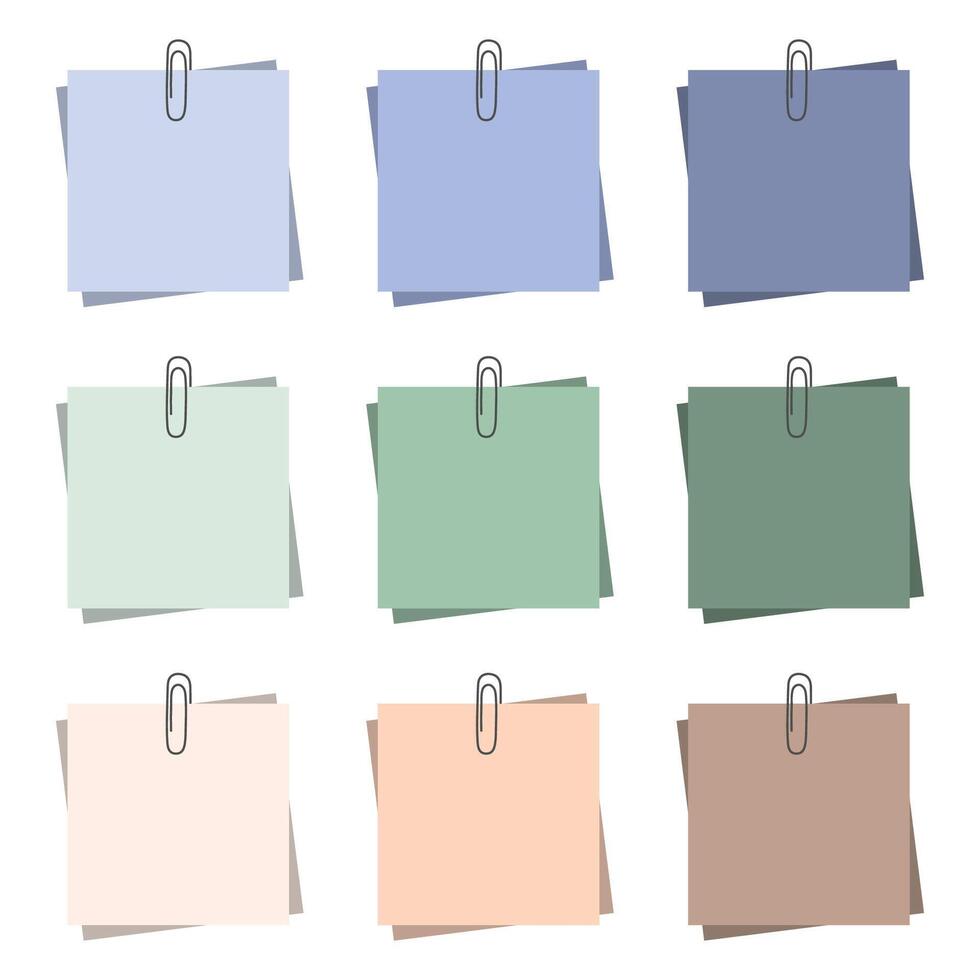 illustration is a set of paper stickers on paper clips of different colors. Illustration paper note blank, colored sticky office paper vector