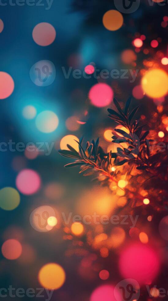 Vibrant Christmas lights create a mesmerizing bokeh effect, capturing festive holiday spirit in a winter evening setting photo