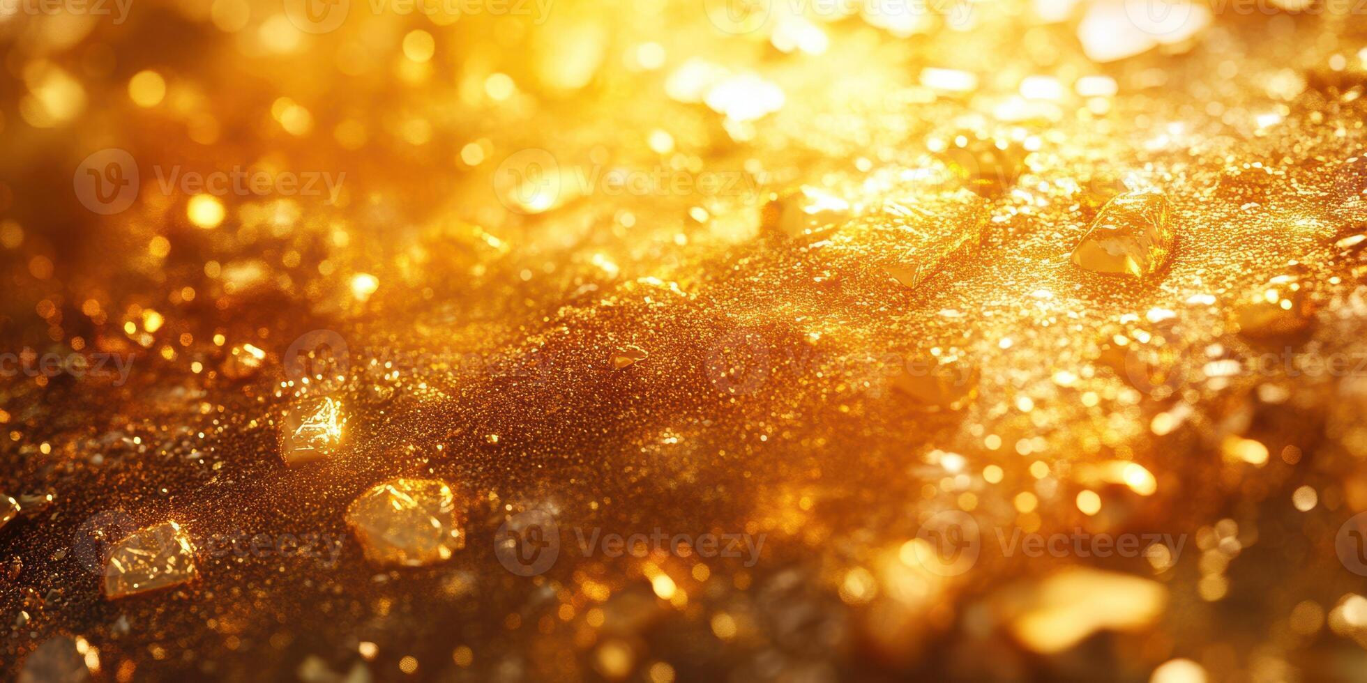 Radiant golden gems scattered across a shimmering, textured surface illuminated by warm light photo