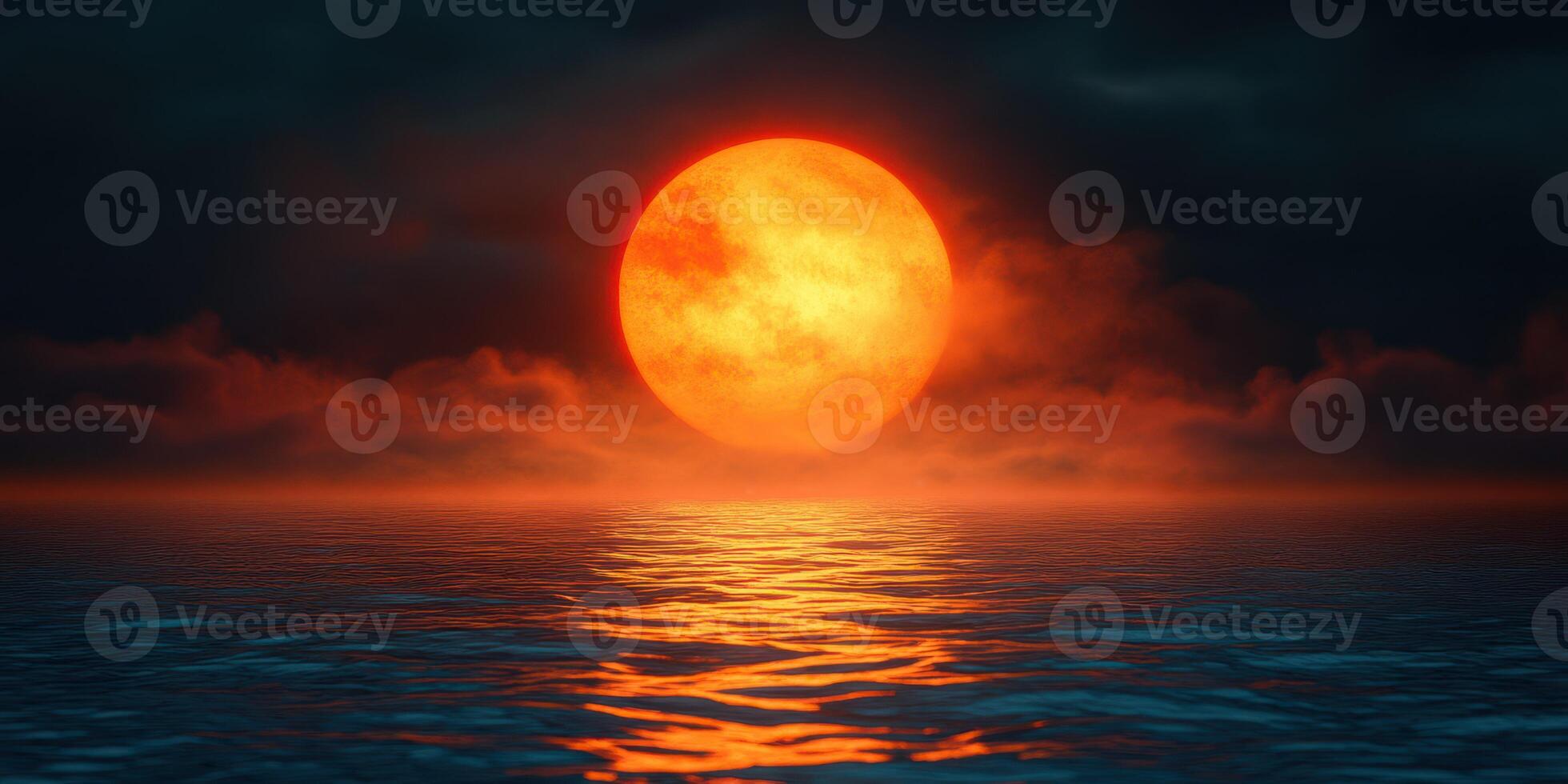 Large orange sun setting over calm ocean waters with dark clouds and reflective waves photo