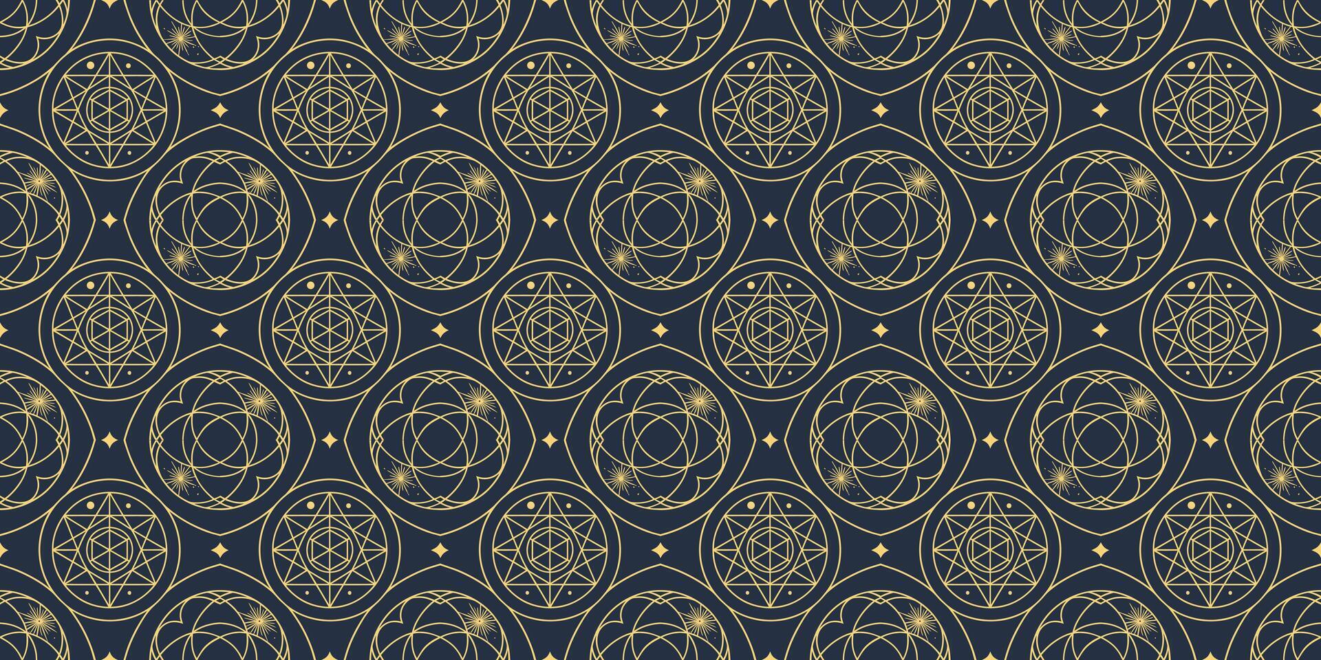 Seamless Geometric Pattern with Sacred Geometry, Golden Lines on Navy Background vector