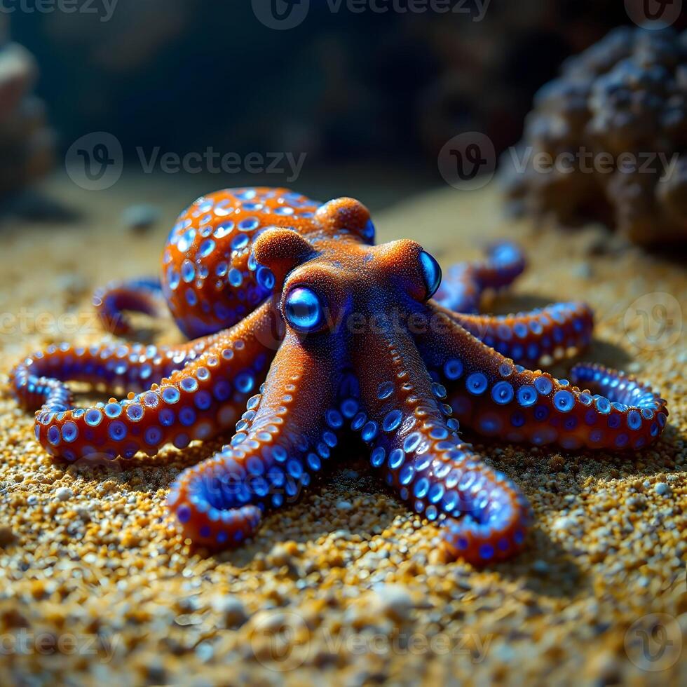 Vibrant Octopus with Bright Patterns on Ocean Floor in Coral Reef photo