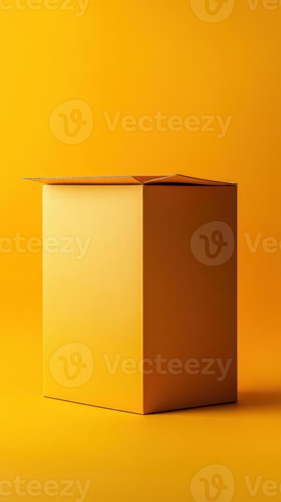 Bright yellow packaging box against a solid vibrant background ideal for various purposes photo