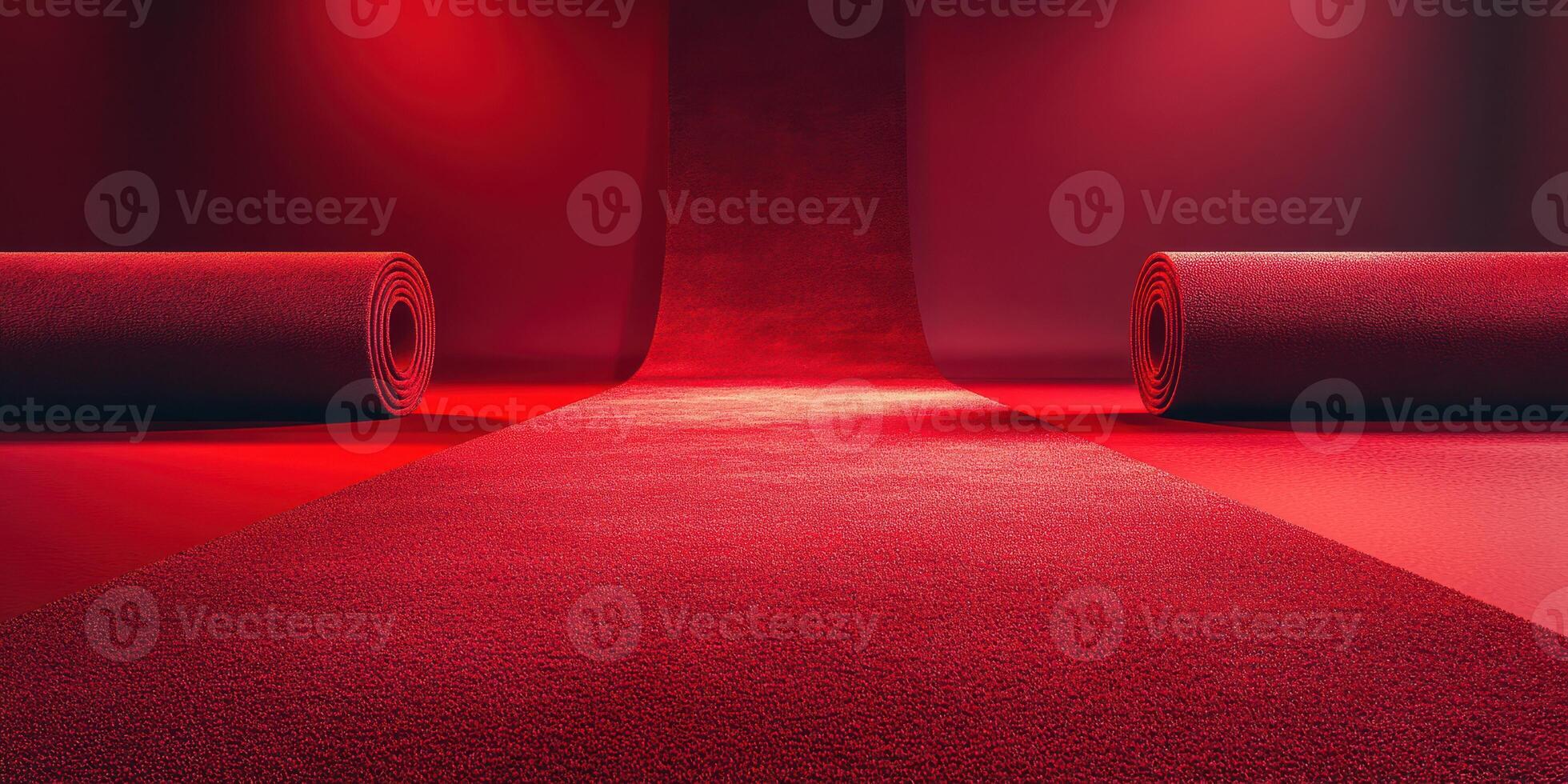 Bright red carpet rolls create a dramatic entrance in a theatrical setting for a red carpet event photo