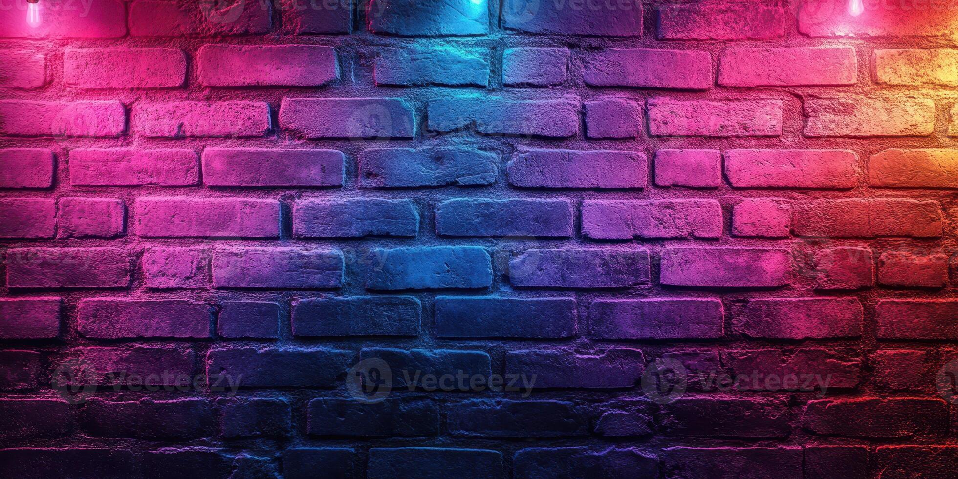 Colorful neon lights illuminate an urban brick wall in a vibrant display during nighttime photo