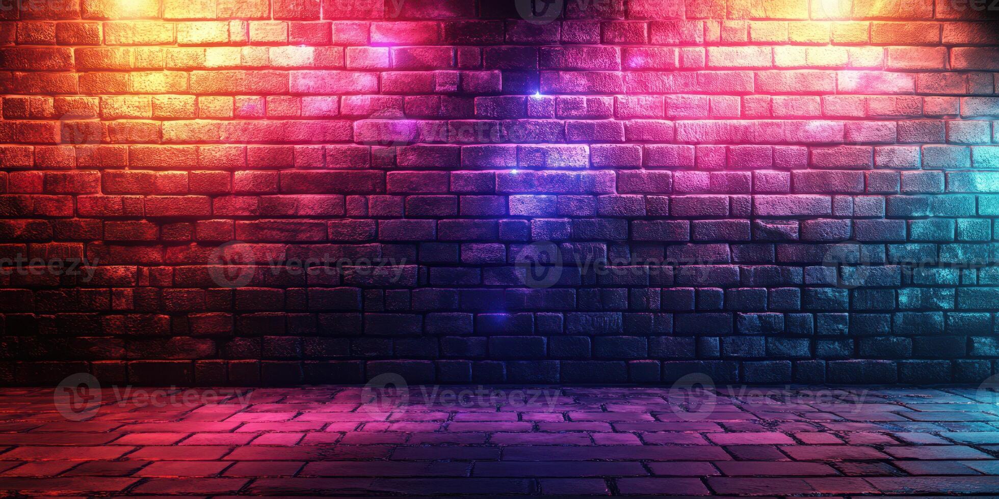 Vibrant brick wall illuminated with colorful lights ideal for creative performances and events photo