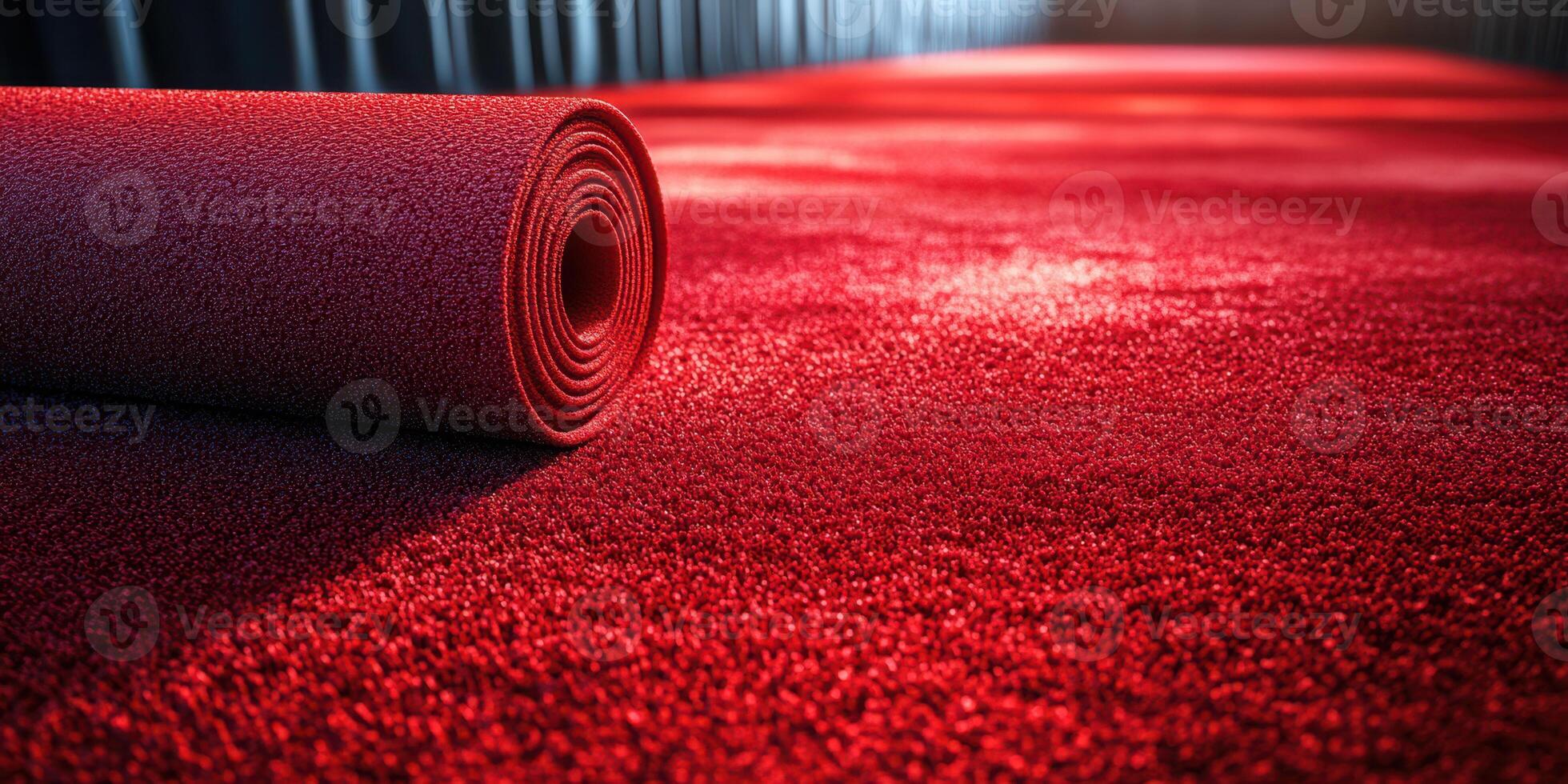 Bright red carpet being rolled out in a glamorous venue for a special event at sunset photo