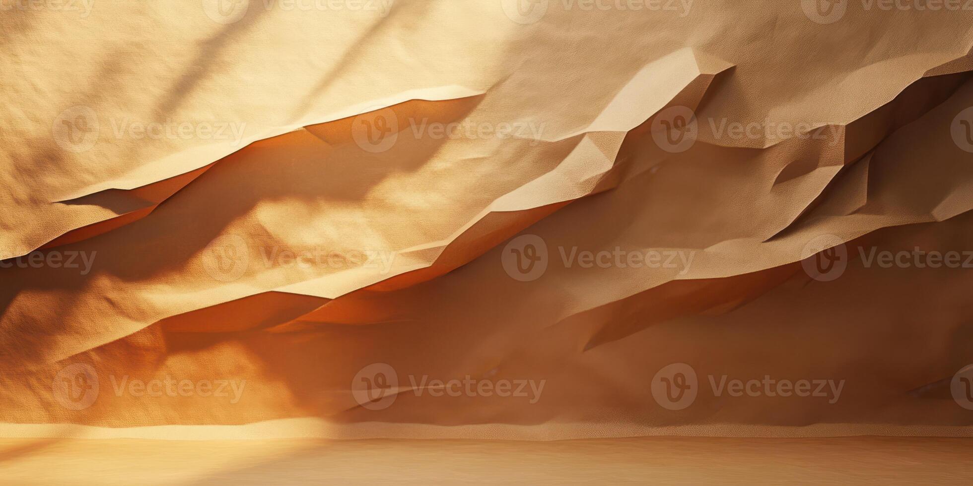 Artistic depiction of abstract mountains cast in warm light, showcasing intricate paper folds and shadows in an artistic setting photo