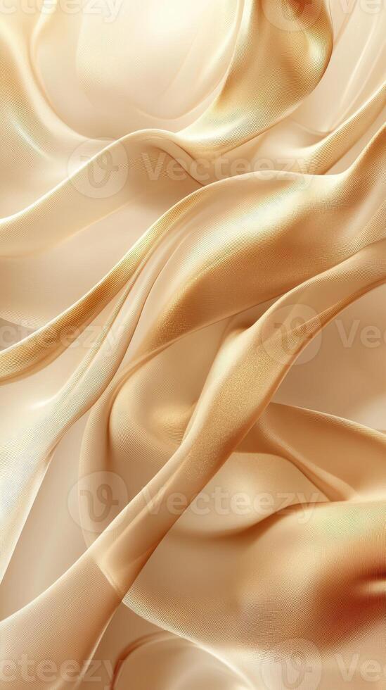 Elegant golden silk fabric draped softly on a surface creating smooth flowing waves and textures in warm lighting photo
