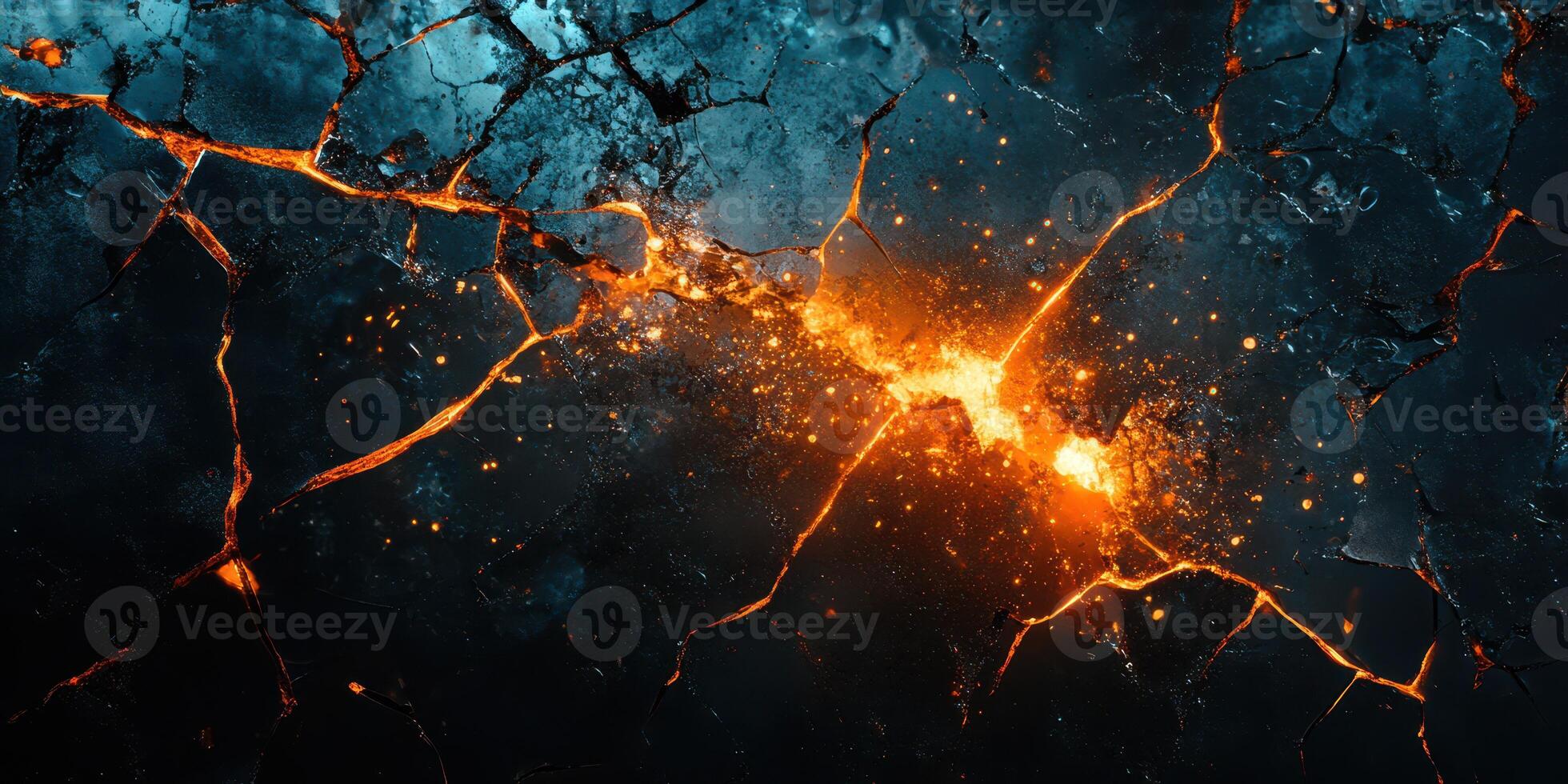 Visual representation of molten lava flowing through cracked earth during an eruption in a volcanic landscape at dusk photo